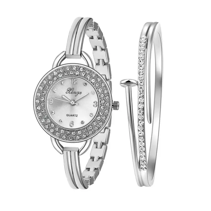 

Hot Unique Women Watches Bracelet Silver Rhinestone Bangle Watch And Bracelet Set 409S Drop Shipping L40