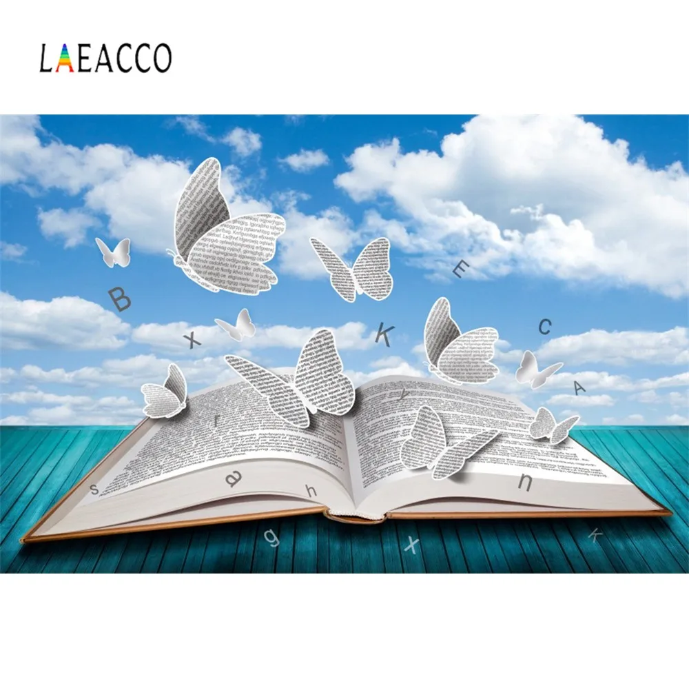 Фотофоны Laeacco Magic Book с бабочками декоративная деревянная доска пасмурное небо
