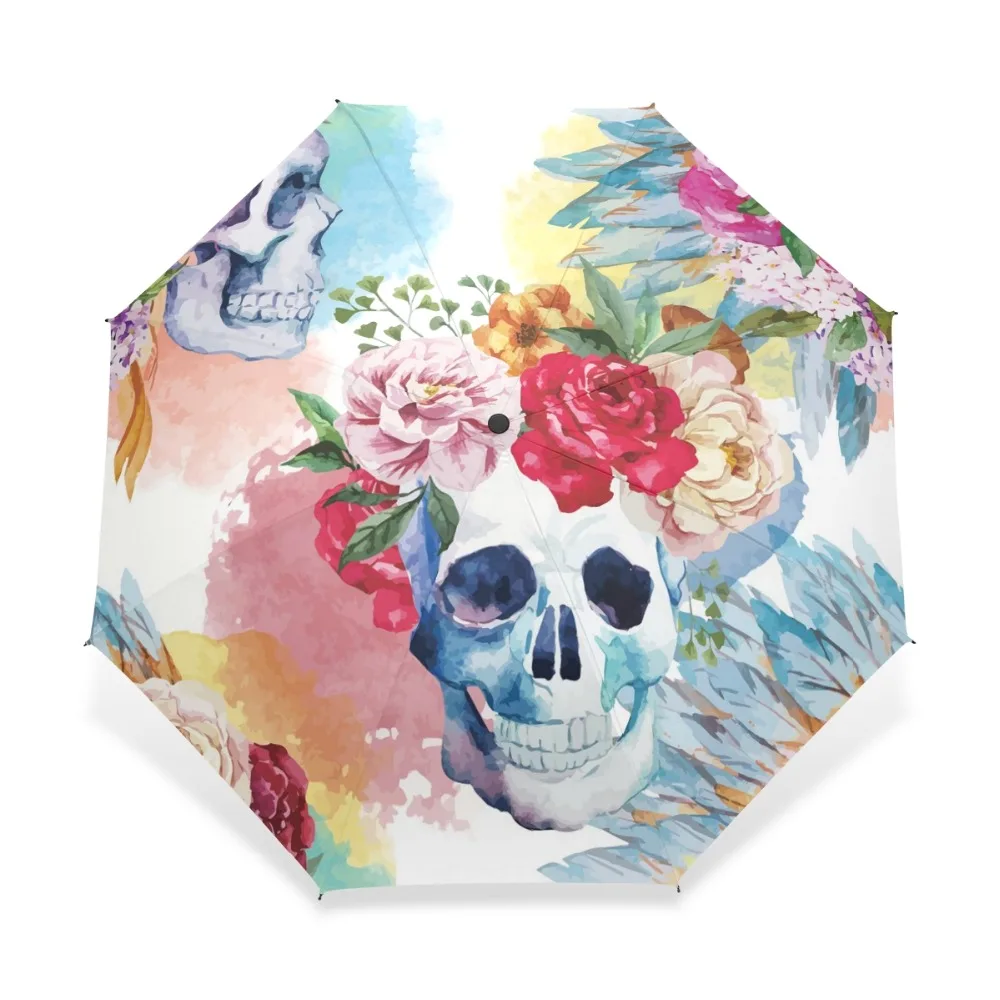 cheap Novelty Poker Skull with Flower Automatic Umbrella Customized Advertising Three Folding Rain Umbrella Beach Men Women Rain Gear