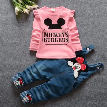 

Girls Christmas Outfits 2017 Cartoon Long Sleeved T-shirt Tops + Denim Overalls 2PCS Children Clothing Kids Bebes Jogging Suits