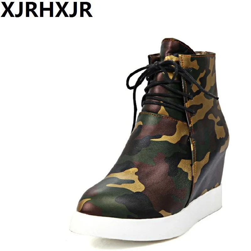 

XJRHXJR Big Size 33-43 Wedges Heels Height Increasing Women Boots Camouflage Prints Platform Ankle Boots New Women Shoes