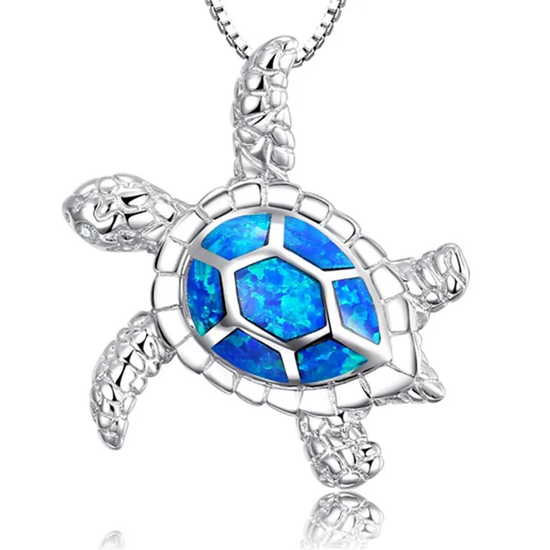 Мода Серебро Заполненный синий имитати опал кулон в виде морской черепахи ожерелье для женщин женские животные Свадьба океан пляж ювелирные изделия подарок