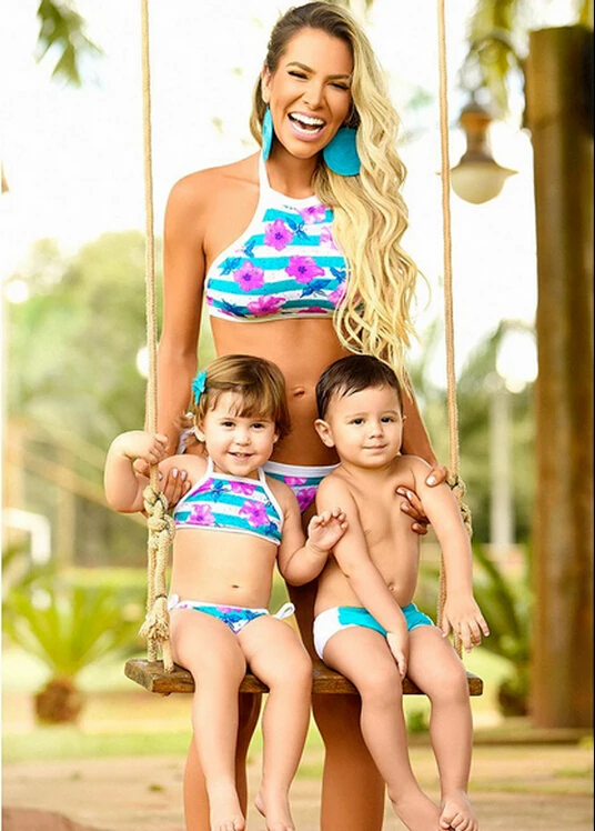 

2017 Family Swimwear Kids Boy Girl Women Swimwear Bandage Bikini Set Push-up Padded Bra Bathing Suit Swimsuit Bather Beachwear