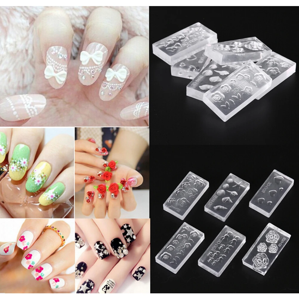 6Pcs/set 3D Nail Art Molds 3D Acrylic Mold DIY Design Silicone Nail Art