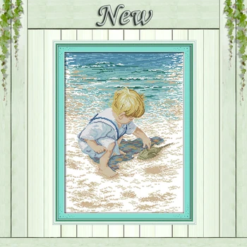 

The little boy on the beach,Counted printed on canvas DMC 14CT 11CT Cross Stitch Needlework kits,Embroidery Sets,home wall Decor