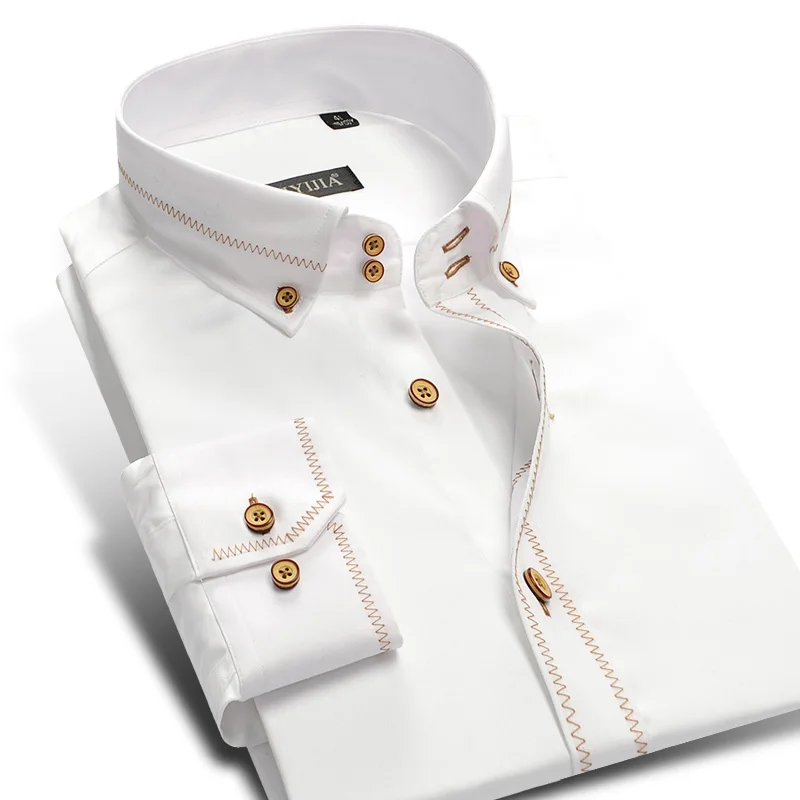 CAIZIYIJIA Autumn 2016 Men's Luxury Business Slim Fit Golden Edge Long sleeve Dress Shirt 100% Cotton Comfort Soft Solid Shirts