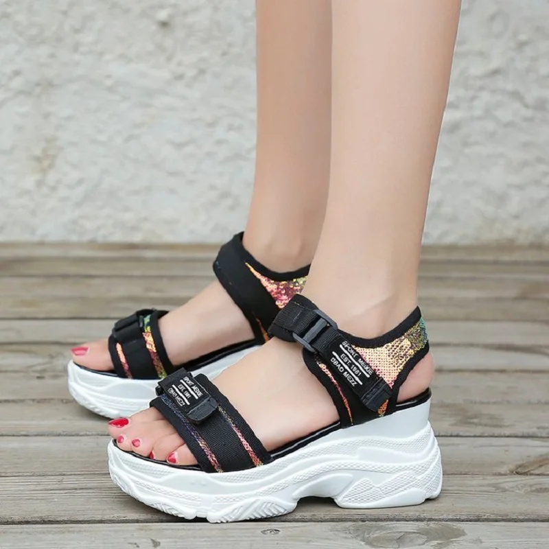 2019 summer new wild muffin platform women's sandals sequins casual high shoes