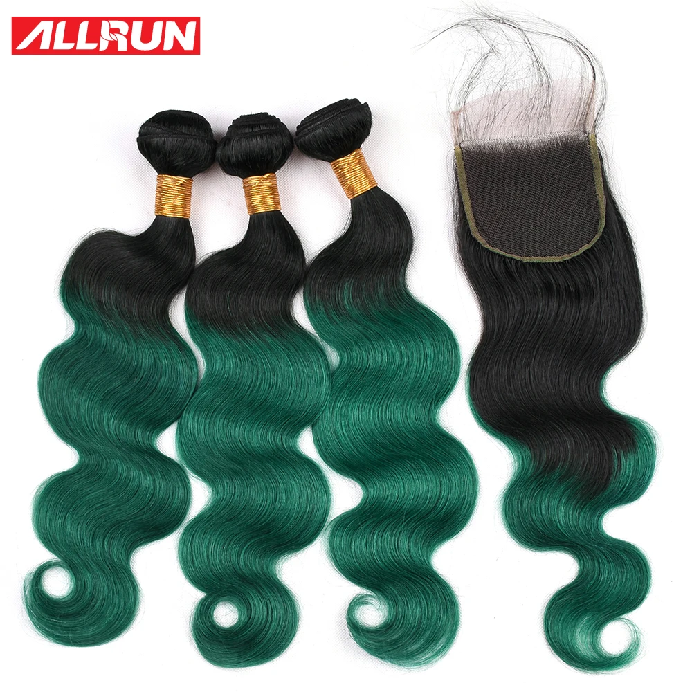 Allrun Pre Colored T1b/Green Hair Body Wave Bundles With Lace Closure Remy Extensions Brazilian Human Hair Bundles With Closure
