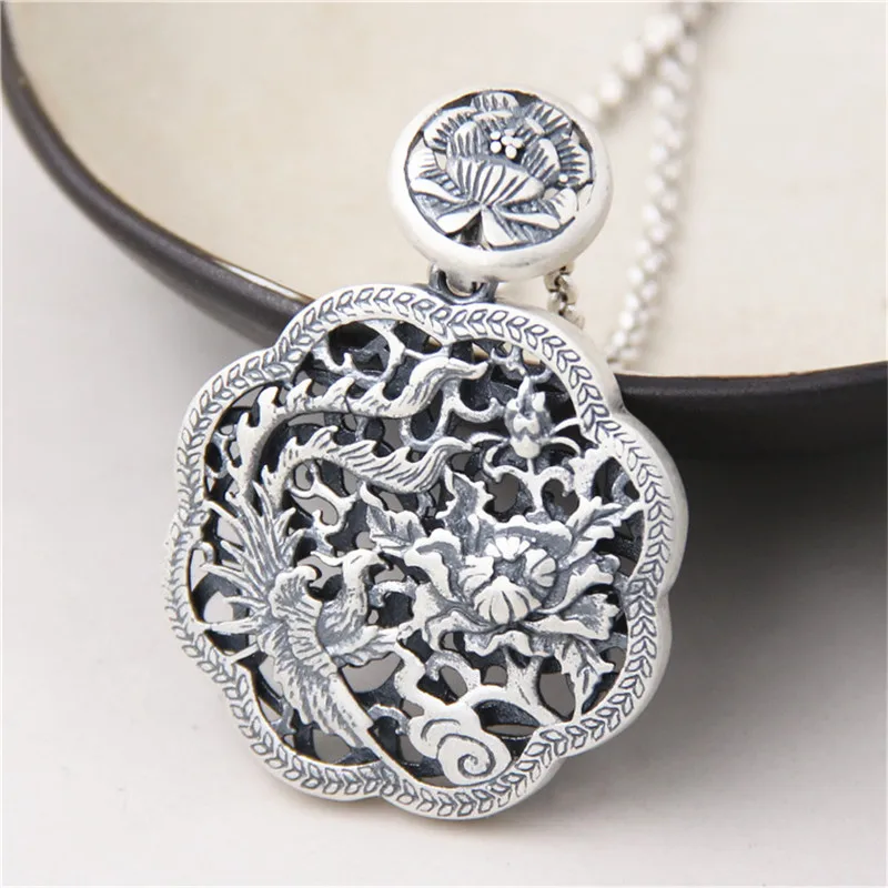 

JINSE Exquisite S999 Pure Silver Peacock Pendant Necklace Fashion Charm Peony Jewelry For Women Sweater Necklace Accessories