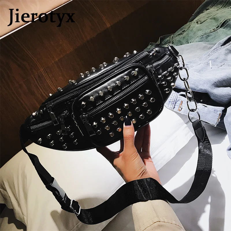 JIEROTYX الجلود الخصر حقيبة النساء الفاخرة العلامة التجارية الخصر فاني حزم حقيبة بحزام الصدر يد أسود اللون مثير المسامير الشرير القوطية