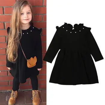 

Spring Autumn New Arrival Kids Girls Long Sleeve Black Dress Knitted Cotton Pearl Dresses Children Clothes 2-6 Years CC01346
