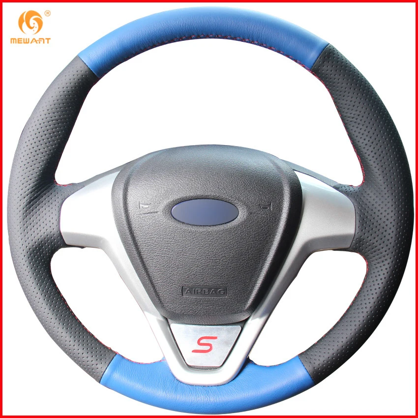MEWANT Black Blue Genuine Leather Car Steering Wheel Cover for Ford