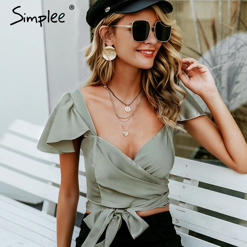 Simplee атласная зеленая женская летняя укороченная блузка Топ с оборками и бандажами для женщин