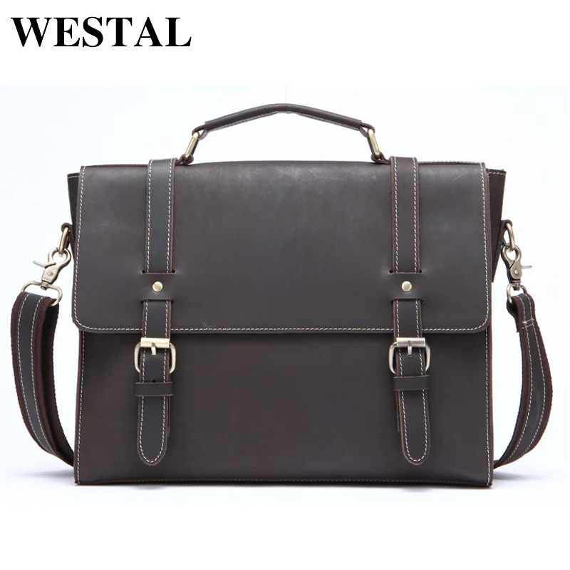 WESTAL الرجال أكياس مجنون الحصان الجلود عارضة حقيبة محفظة جلد طبيعي رجل حقيبة أعمال رسول الكتف محمول 9027