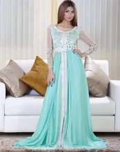Wunderschöne Mint Grün Kaftan Abendkleider Mit Langen Ärmeln Perlen Kristall Dubai Arabien Abendkleid Vestido De Festa