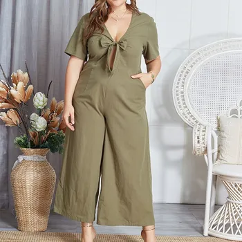 

Women Casual Solid Plus Size Jumpsuit V Neck Loose Long Romper Short Sleeve Beach Playsuits