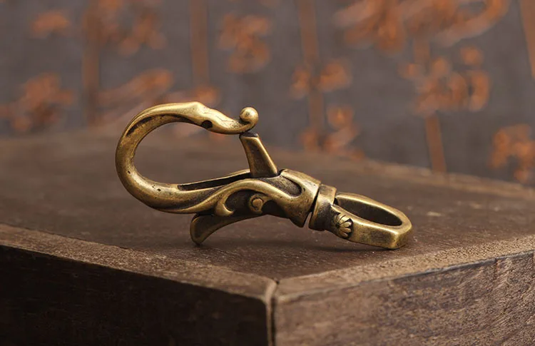 Vintage Dragon Head Solid Brass Fob Belt Clip Buckle Key Chain Ring Holder Hook 