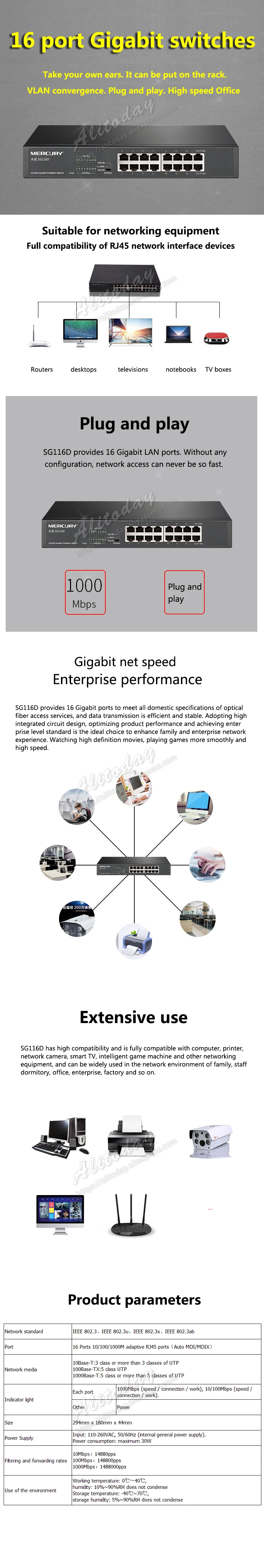 Mercury 16-портовый коммутатор Gigabit Ethernet стали переключатель стеллаж для выставки товаров 10/100/1000 Мбит/с полный полудуплекс Vlan коммутатор(SG116D