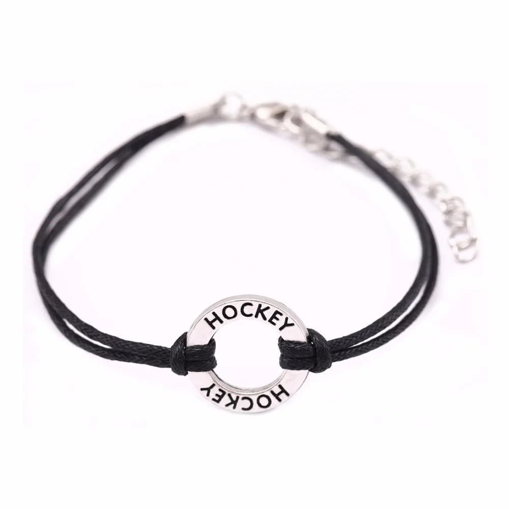 

Dawapara Black Wax Cord Bracelet Hockey Charm Word Round Hand-woven Circle Handmade Bracelet Women or Men Jewelry