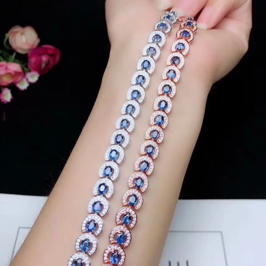 Bracelet en saphir bleu naturel Bracelet en pierres précieuses naturelles 925 bracelet en argent él