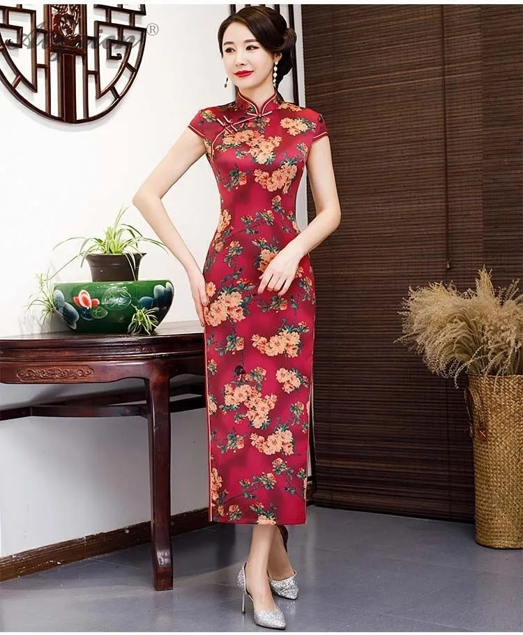 Китайское традиционное платье Qipao ретро печати с длинным Cheongsam Китай Femme Тонкий платья Женская Роба в восточном стиле элегантное вечернее