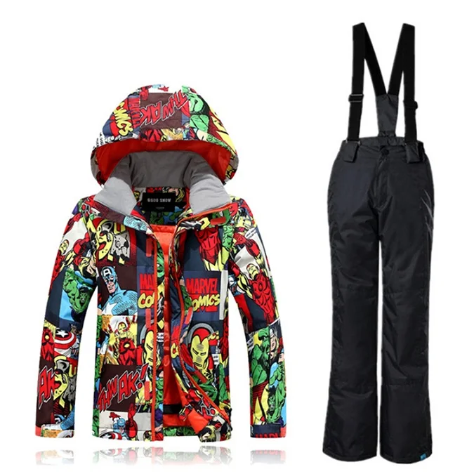 Зимний костюм для детей; лыжная куртка для мальчиков; детский лыжный костюм; теплая водонепроницаемая ветрозащитная Лыжная одежда для сноуборда - Цвет: set 2 black pant