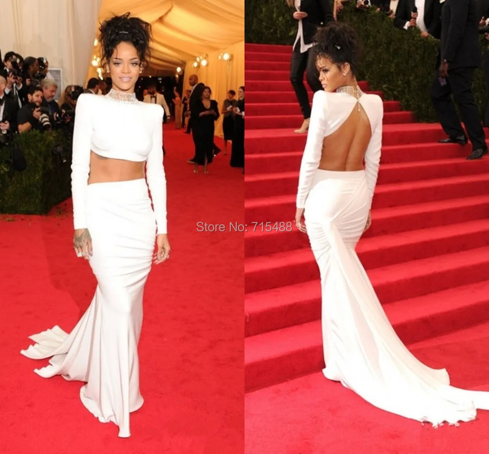 2017 Met Gala Rihanna White Jewelry High Neck Twp Pieces Long 2017 Met Gala Rihanna White Jewelry High Neck Twp Pieces Long Sleeve Custom Made China Indian Celebrity Evening Dresses In Inspired