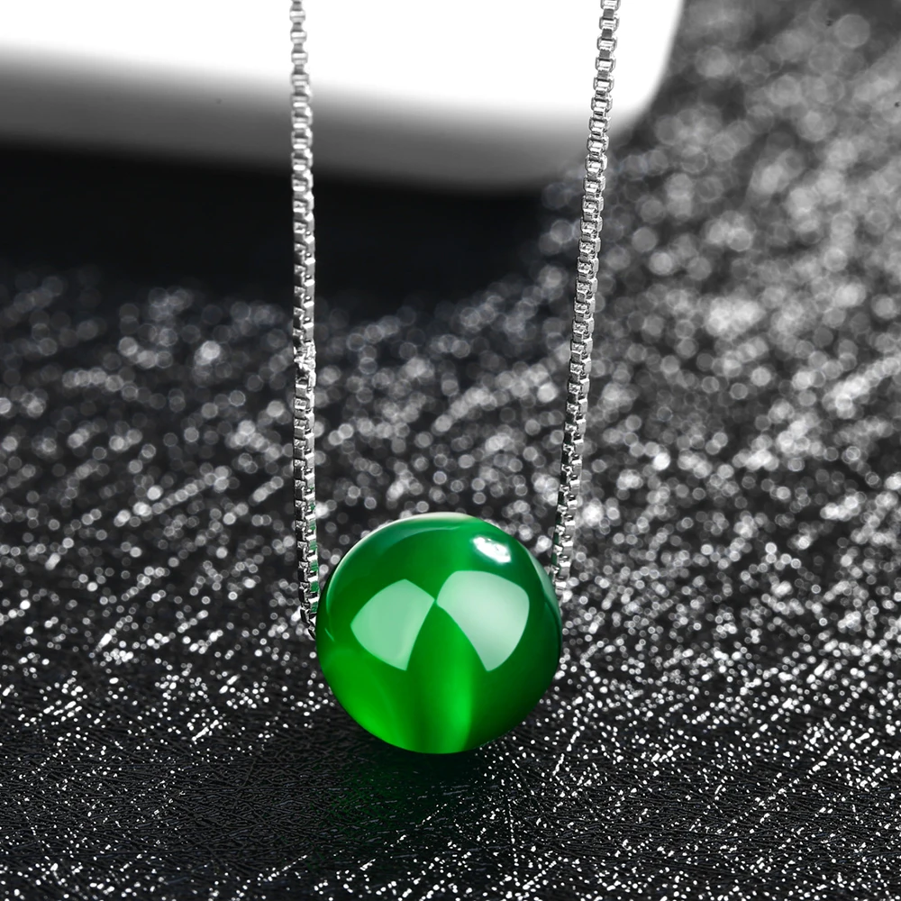 Green stone ball pendant necklace white plated long chain women