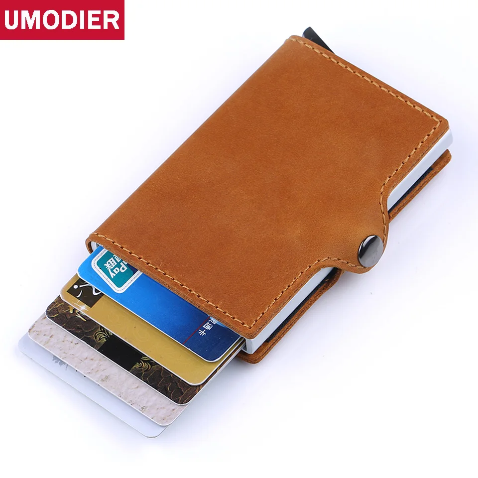 

Antitheft High Quality Men Card Holder Rfid Aluminium Credit Card Holder With Rfid Blocking Genuine Leather Mini Wallet