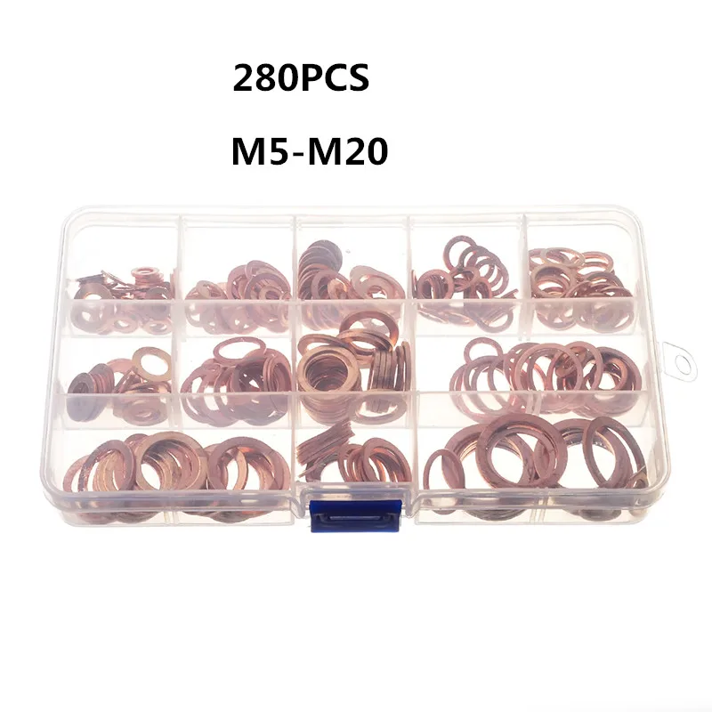 ZENHOSIT 280PCS Solid Copper Plain Washers Sealing Flat Ring 12 Sizes M5-M20 For Screw Bolts Fasteners Hardware Accessories Box