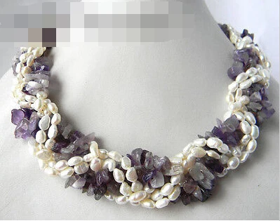 

0879 5Strands Freeform Amethyst White Freshwater Pearl Necklace