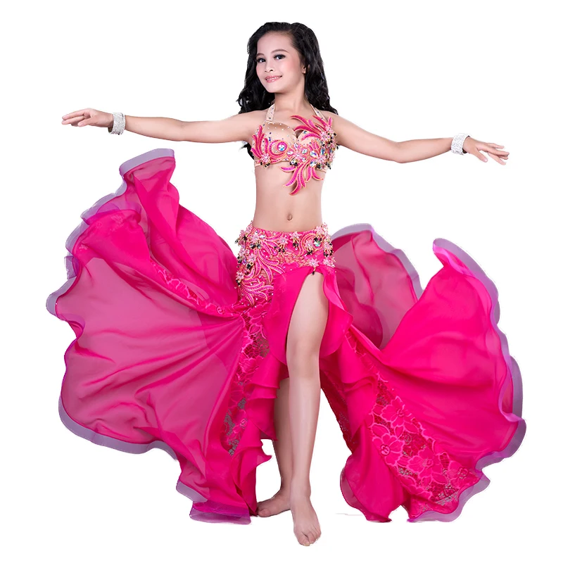 

Rhinestone Beading Lace Chiffon Belly dance Placketing skirt 2pcs set for little girl/children,costume performance wear RT181