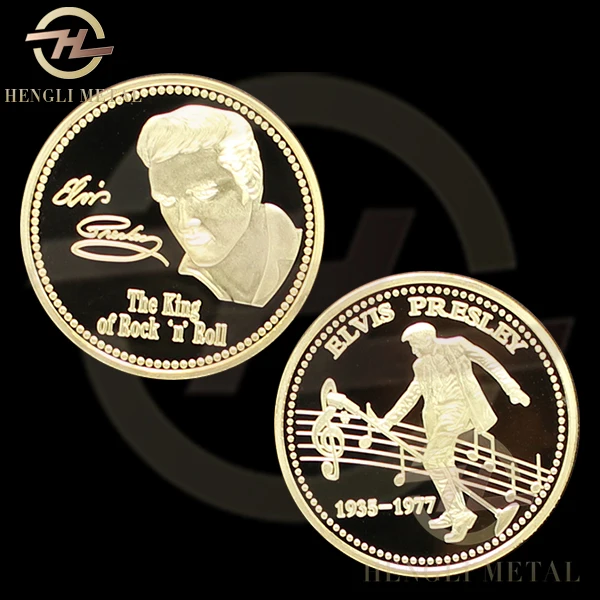 

5 pcs/lot 40mm USA Singer 1935-1977 Elvis Presley Coin The King Of Rock N' Roll 24K Gold Souvenir Collectable Challenge Coin