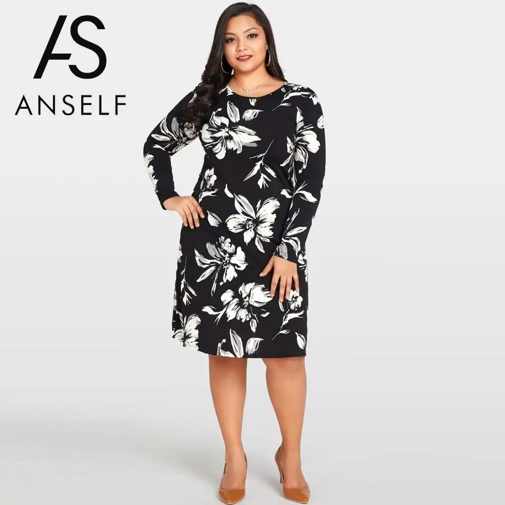 

2019 Oversized Women Floral Printed Midi Dress O-Neck Long Sleeve Casual Loose Dress Plus Size 3XL 4XL 5XL Party Dresses female