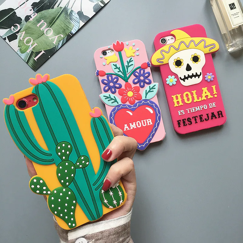 

Cactus Skull Heart Flower Soft Silicone Case For iphone X XS 7 7Plus 8 8Plus 6 6s Plus 3D Cute Cartoon Rubber Phone Cover Fundas