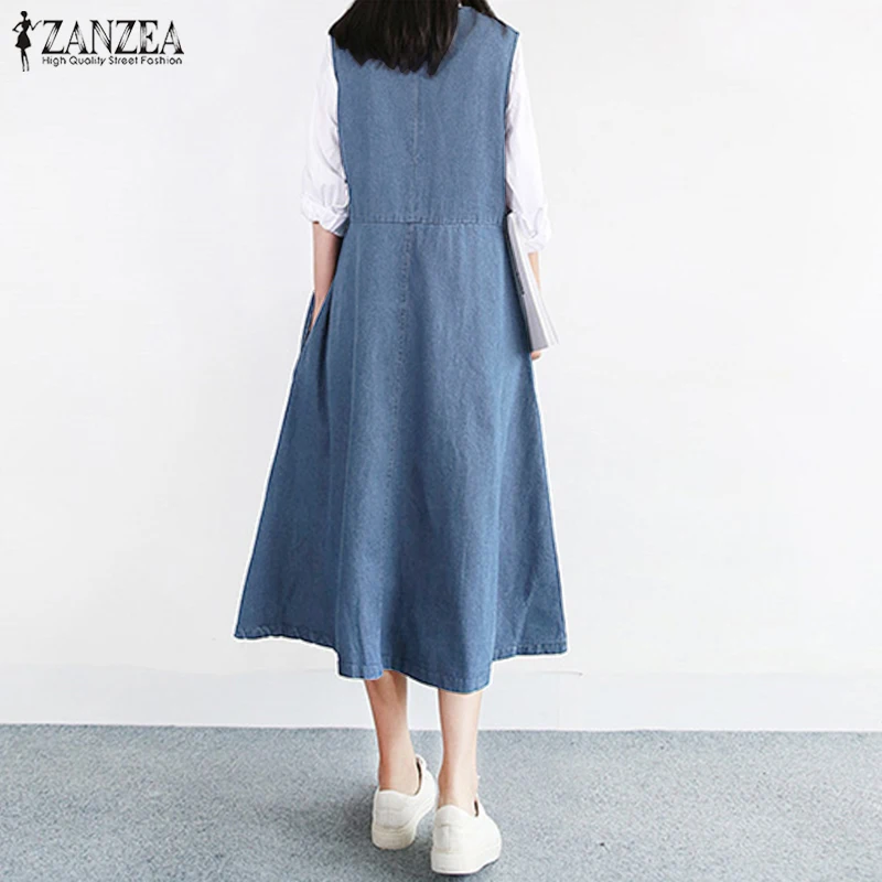 ZANZEA Women's Denim Sundress Female V Neck Summer Jeans Dress Ladies Sleeveless Tank Vestidos Casual Robe Femme Oversized