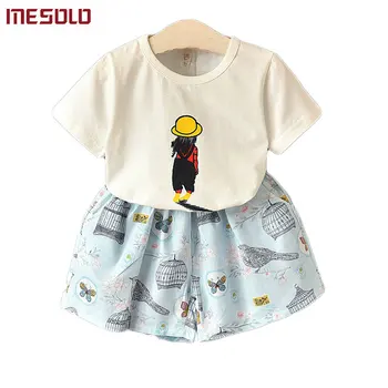 

MESOLO The new summer 2019 girls cartoon printed skirt suit straw hat girl figure T-shirt + two-piece J6107 B