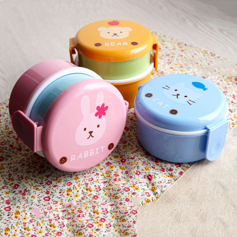 

1pc Cute 2-layer Children Round Mini Lunch Box School Camp Microwavable Box Rabbit Cat Bear Pattern Kids Best Gifts Dropshipping