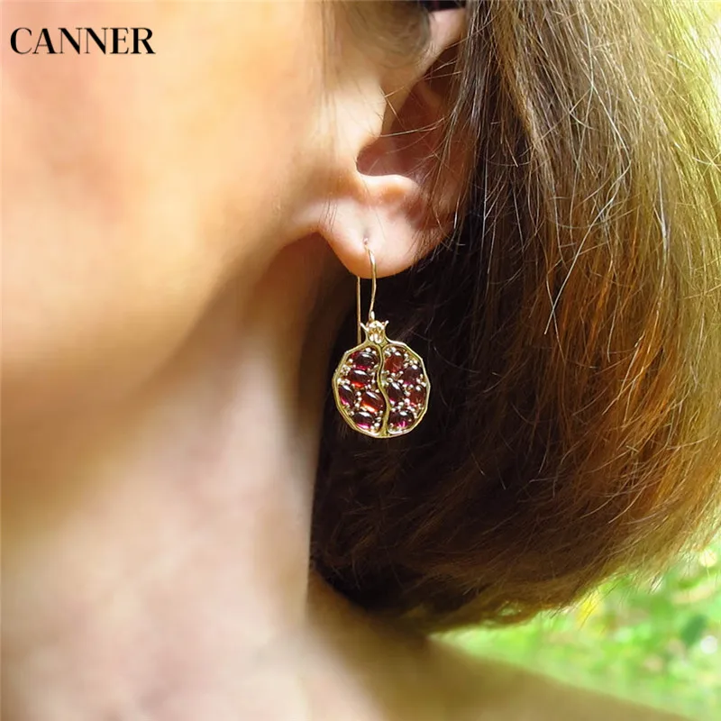 

Canner Vintage Round Gold Color Natural Red Garnet Earrings For Woman Girl CZ Stone Dangle Drop Earrings Gift