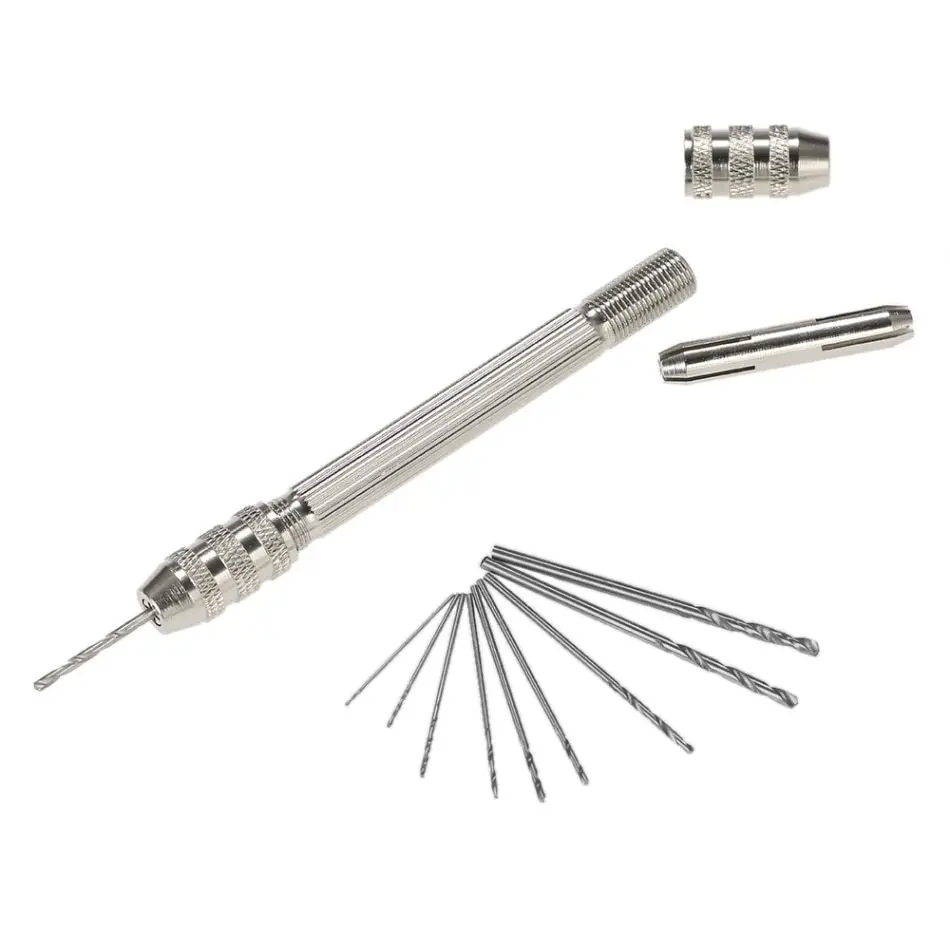 

Professional Mini Hand Drill Set with 10pcs High-speed Steel Twist Drill Bit Set Holder Double Chuck Hand Drill Little Pin Vise