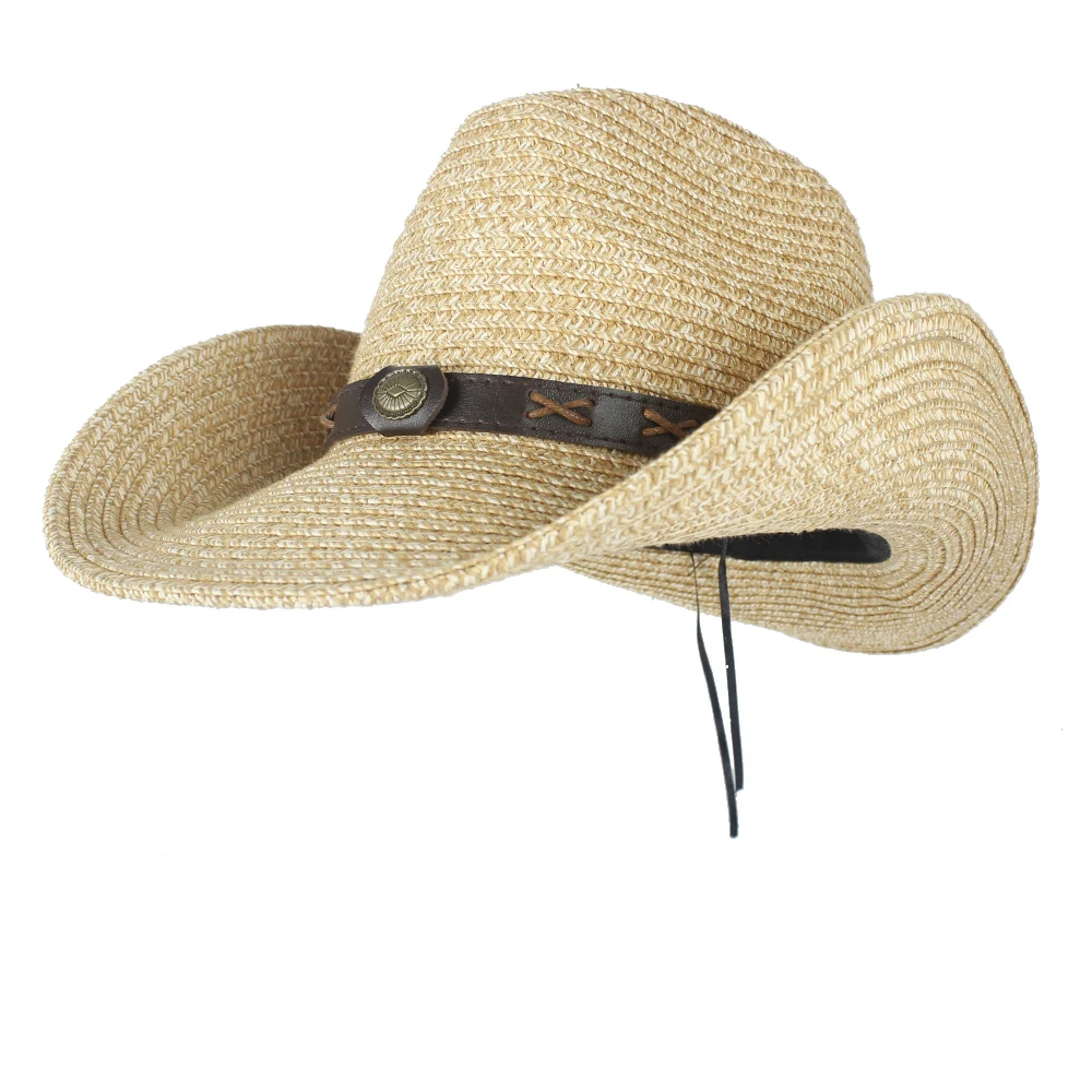 Women's Men's Summer Straw Beach Wide Brim Cowboy Western Cowgirl Hat Sombrero Hombre Beach Cowgirl Jazz Sun Hat