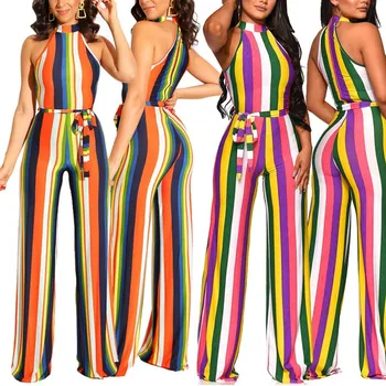 

Halter Sashes Jumpsuit Sleeveless Striped Rompers Womens Jumpsuit Casual Wide Leg Overalls