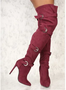 

EMMA KING Fashion Design Wine Red Buckle Strap Over The Knee Boots Pointy Toe Buckle Super High Heels Thigh High Boots Women