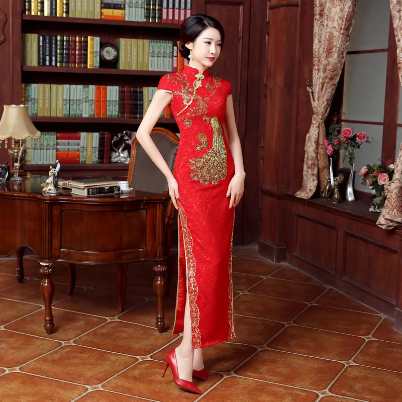 Bride Cheongsam Women Traditional Dress Red Sexy Wedding Qipao Embroidery Chinese Oriental Dresses Vestidos Formales Long Qi Pao