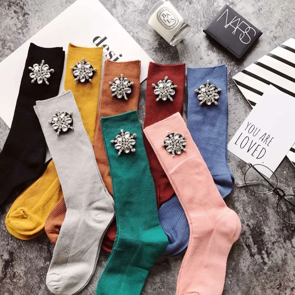 

2017 handmade diamonds floral pattern cotton socks women candy color autumn and winter wholesale price 8colors