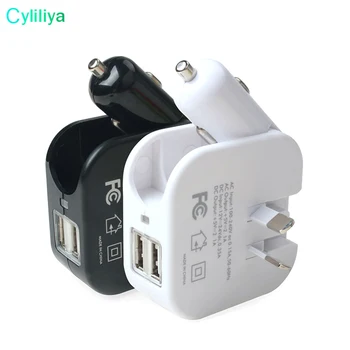 

2in1 Compact Wall Charger Car Converter Dual USB Port 5V 2.1A Fast Charging Folding Home Travel Charger AC/DC Power Adapter