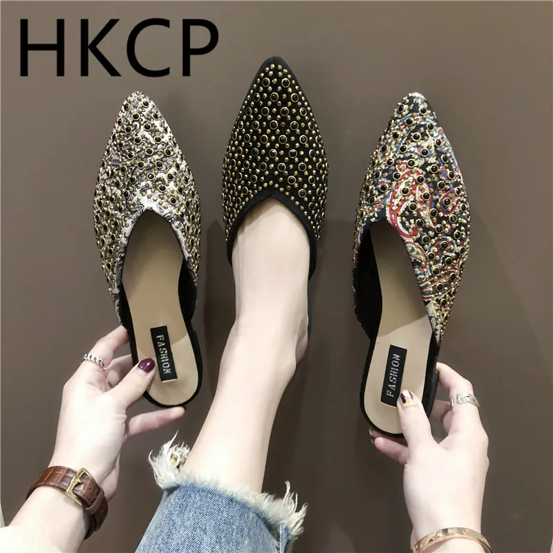 

HKCP 2019 south Korean spring and summer new baotou half drag fashion water drill lazy pointed women's slippers C270