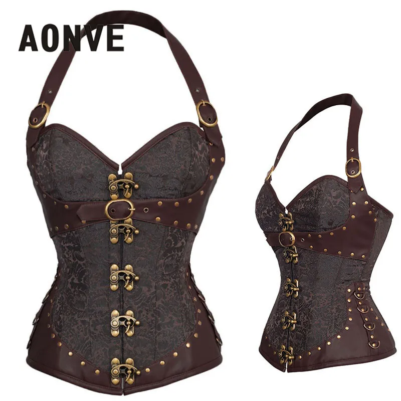 

Steampunk Corset Brown Gothic Bodice Sexy Lingerie PU Leather Underbust Corsage Belt Modeling Strap Corsets And Bustiers