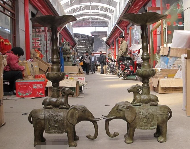 

xd 002869 34"China vintage Bronze sculpture Dragon Elephant Sheep Lotus candlestick Pair