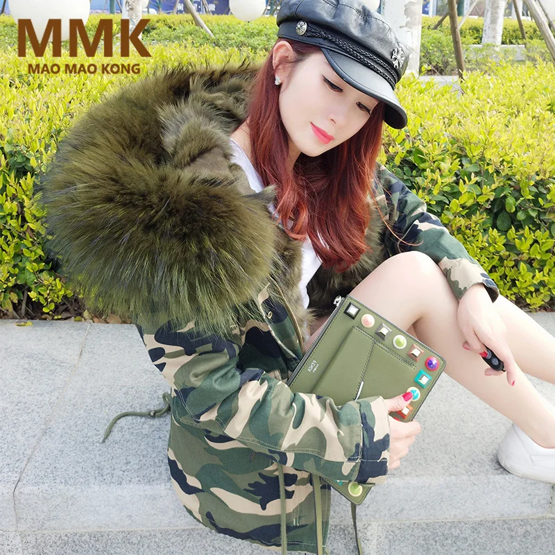 

2019 women winter parka military camouflage large raccoon fur collar hooded coat outwear real fox fur lining winter jacket brand